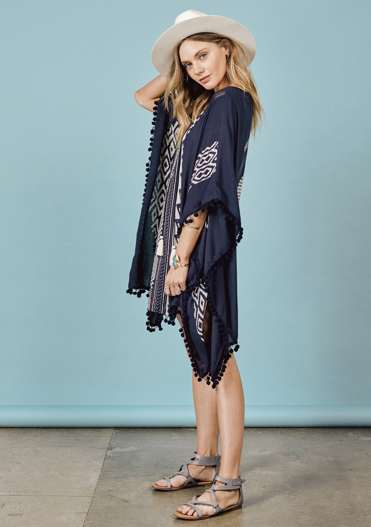 F4737-2 Black Boho Print Pom Pom Trim Tassel Tie Caftan Tunic